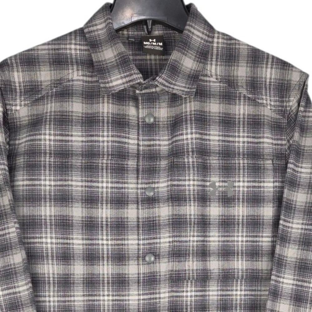 Under Armour Flannel Shirt Mens Medium Gray Plaid Snap Front Button Up Utility